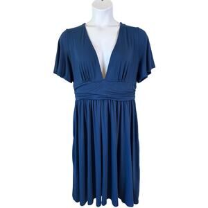 Kannada Boho Dress XL Blue Jersey Knit Deep V-Neck Ruched Waist Pockets Casual